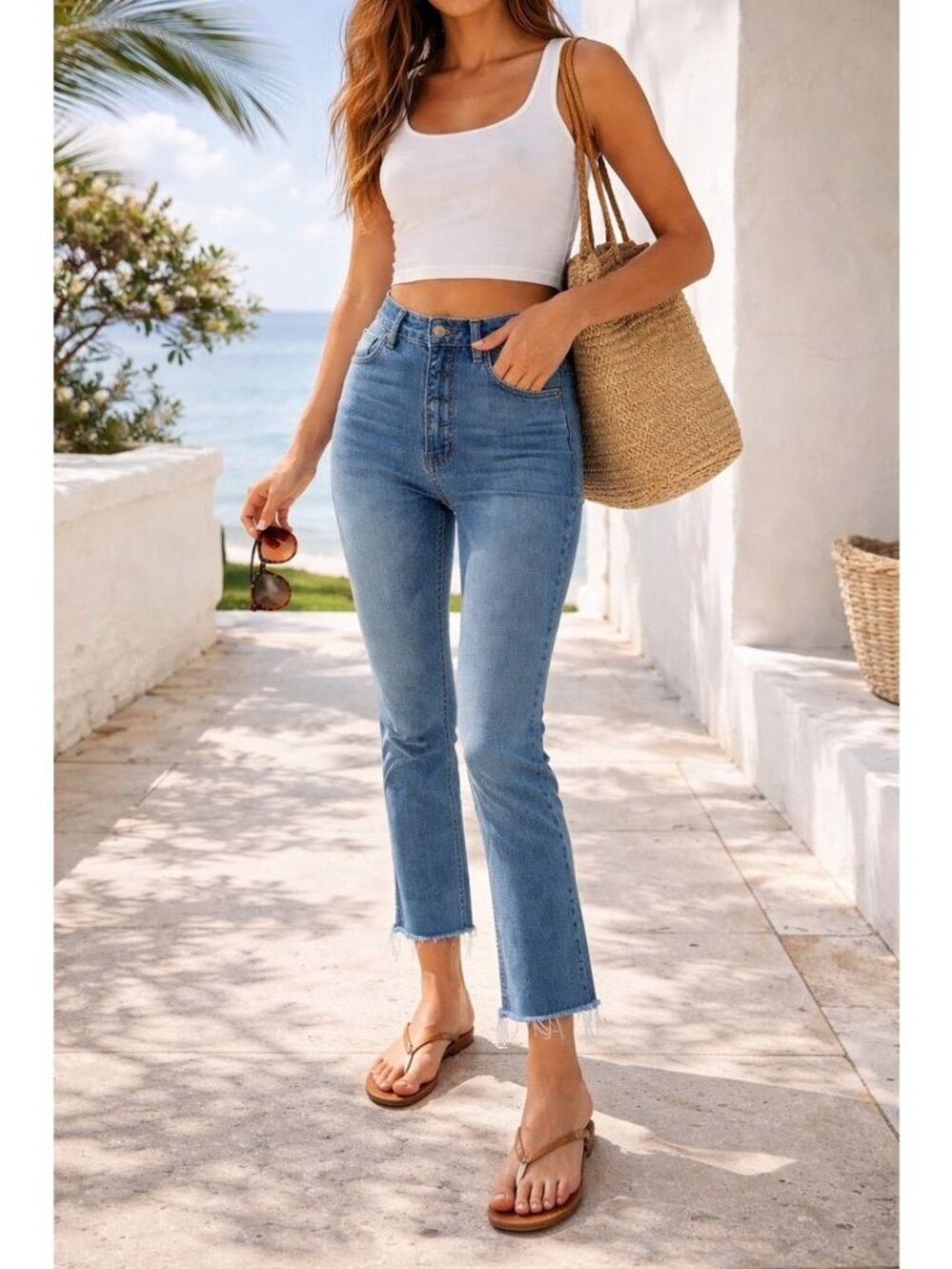 Mother Tripper Ankle Fray High-Rise Button Fly Jeans Medium Wash Raw Hem 27